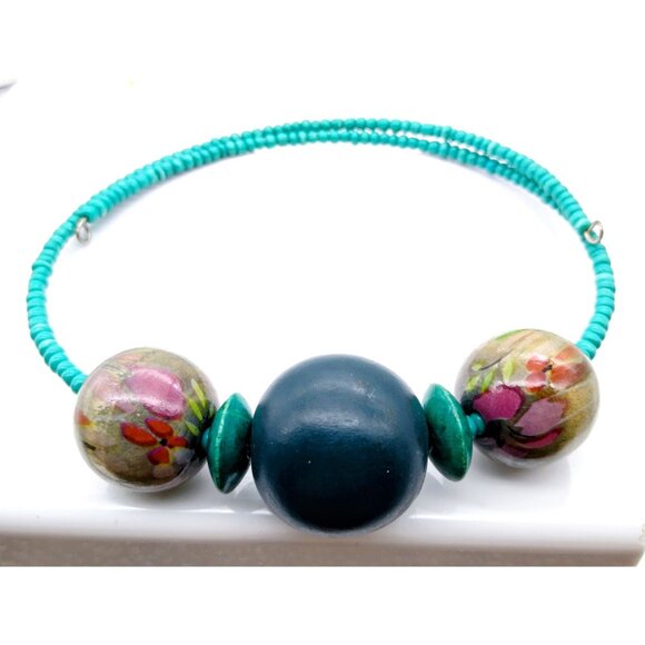 Bold Bib Memory Wire Choker, Turquoise Colored Beaded Necklace with Chunky - Picture 3 of 3